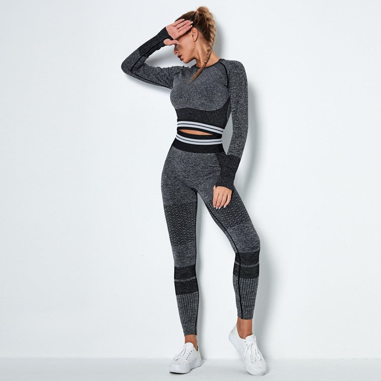 Women Vital Seamless Yoga Set Gym Clothing Fitness Leggings+Cropped Shirts Sport Suit Women Long Sleeve Tracksuit Active Wear