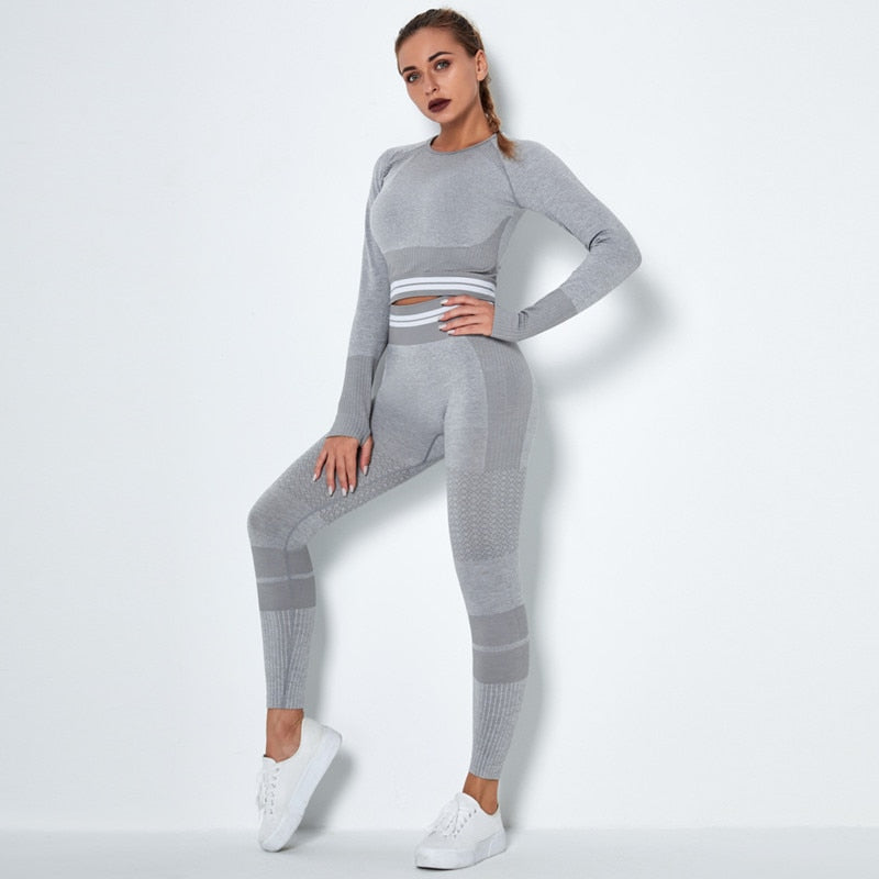 Women Vital Seamless Yoga Set Gym Clothing Fitness Leggings+Cropped Shirts Sport Suit Women Long Sleeve Tracksuit Active Wear