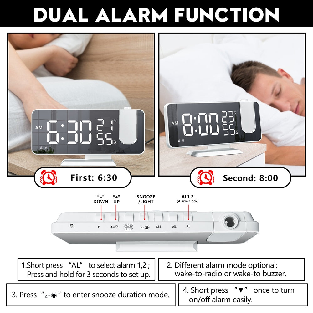 FM Radio LED Digital Smart Alarm Clock Watch Table Electronic Desktop Clocks USB Wake Up Clock with 180° Time Projector Snooze