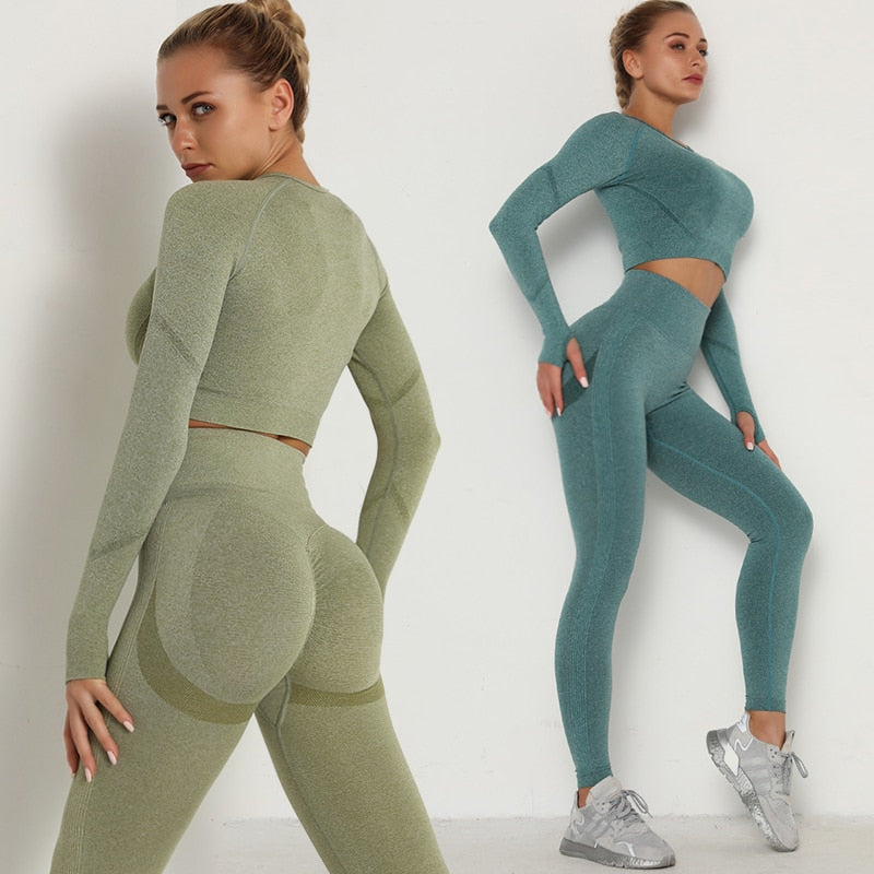 Women Sport Suit Yoga Clothing Set Workout Gym Long Sleeve Fitness Crop Top + High Waist Seamless Energy Workout Leggins