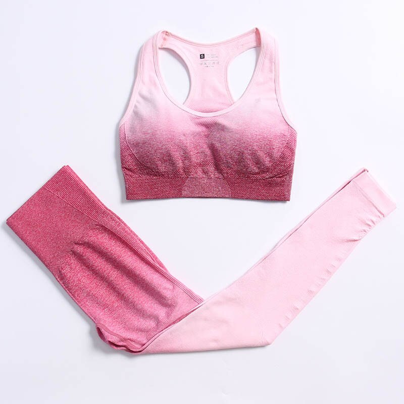 Ombre Seamless Yoga Set Long Sleeve Women Gym Crop Top Sportswear Bra High Waist Leggings Workout Outfit Fitness Yoga Clothing