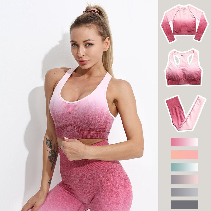 Ombre Seamless Yoga Set Long Sleeve Women Gym Crop Top Sportswear Bra High Waist Leggings Workout Outfit Fitness Yoga Clothing