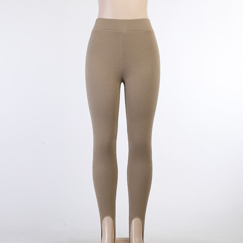 Tossy Beige Ribbed Knit Leggings Women High Waist Cotton Fitness Basic Pants Casual Spring New All-Match Female Skinny Leggings