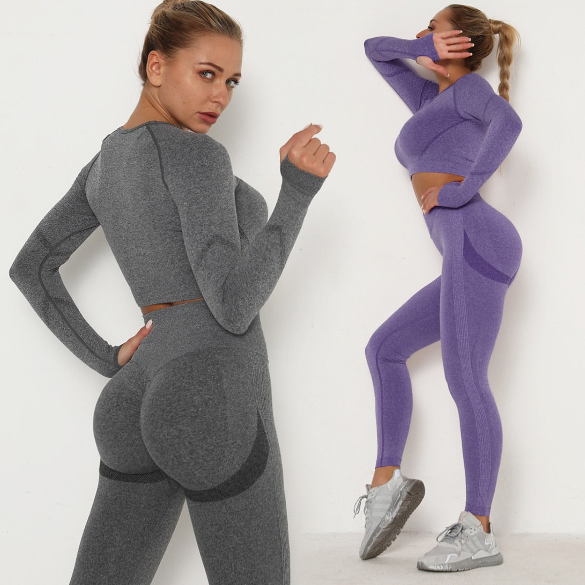 Women Sport Suit Yoga Clothing Set Workout Gym Long Sleeve Fitness Crop Top + High Waist Seamless Energy Workout Leggins