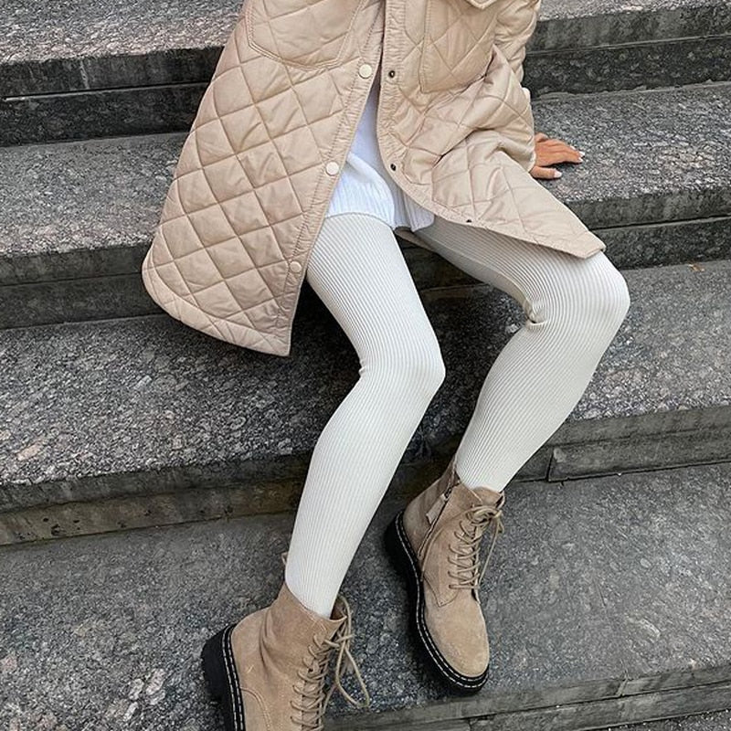 Tossy Beige Ribbed Knit Leggings Women High Waist Cotton Fitness Basic Pants Casual Spring New All-Match Female Skinny Leggings