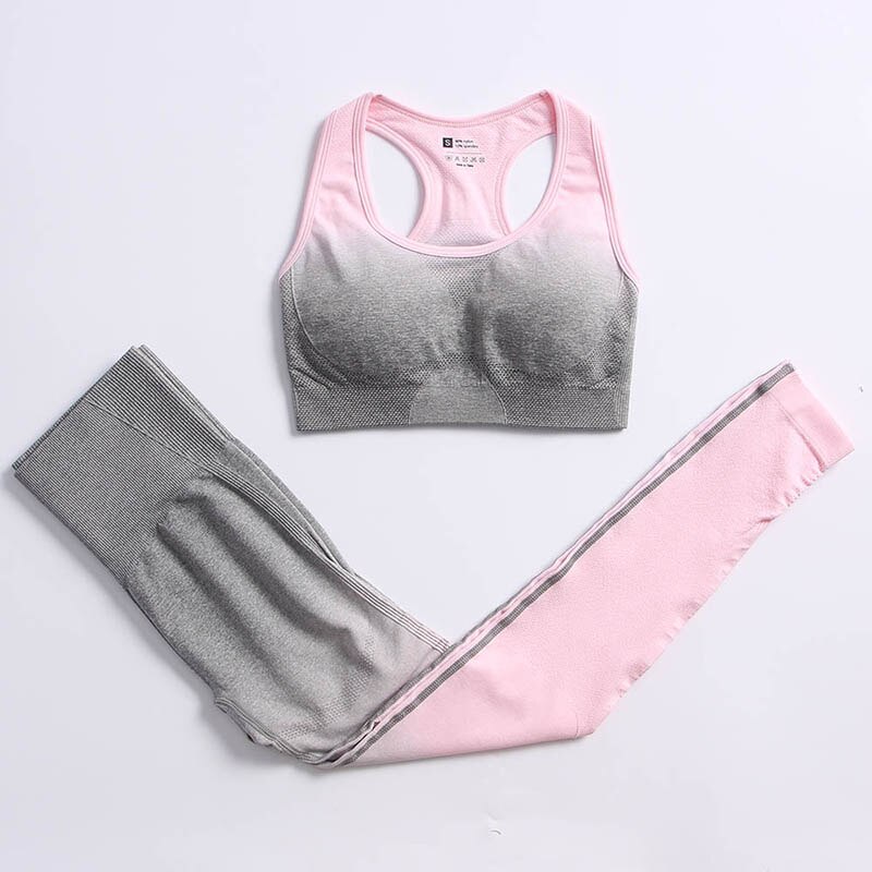 Ombre Seamless Yoga Set Long Sleeve Women Gym Crop Top Sportswear Bra High Waist Leggings Workout Outfit Fitness Yoga Clothing