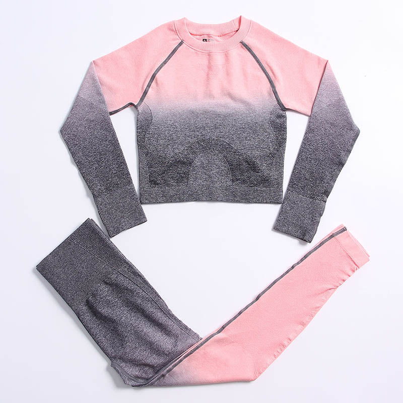 Ombre Seamless Yoga Set Long Sleeve Women Gym Crop Top Sportswear Bra High Waist Leggings Workout Outfit Fitness Yoga Clothing