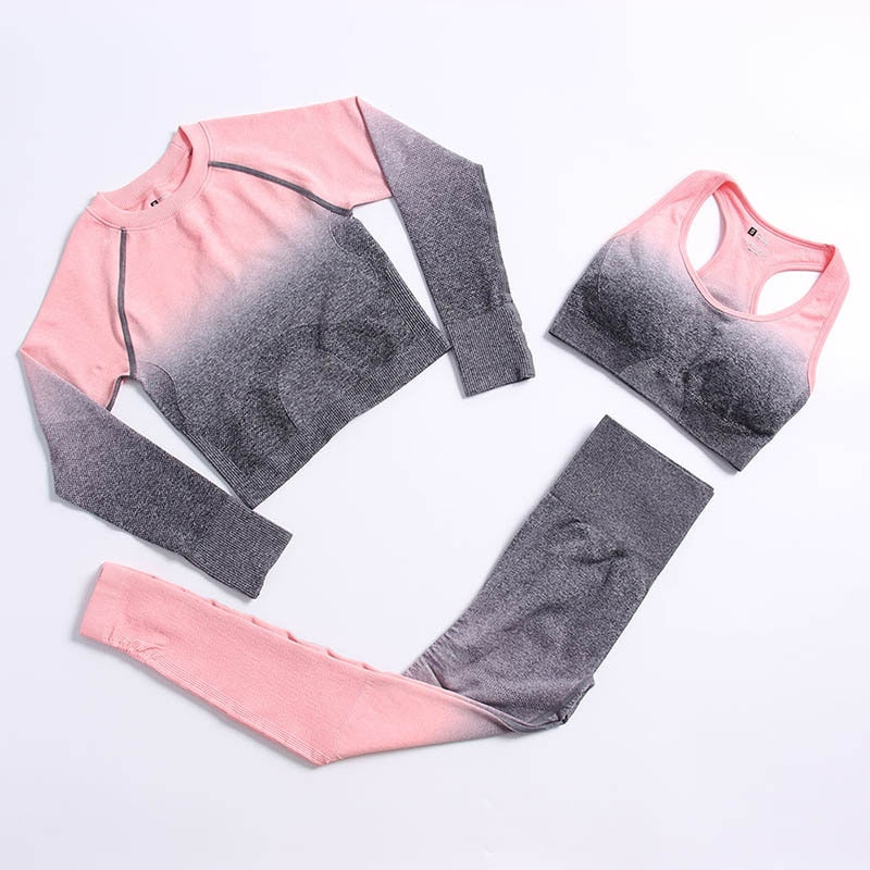 Ombre Seamless Yoga Set Long Sleeve Women Gym Crop Top Sportswear Bra High Waist Leggings Workout Outfit Fitness Yoga Clothing