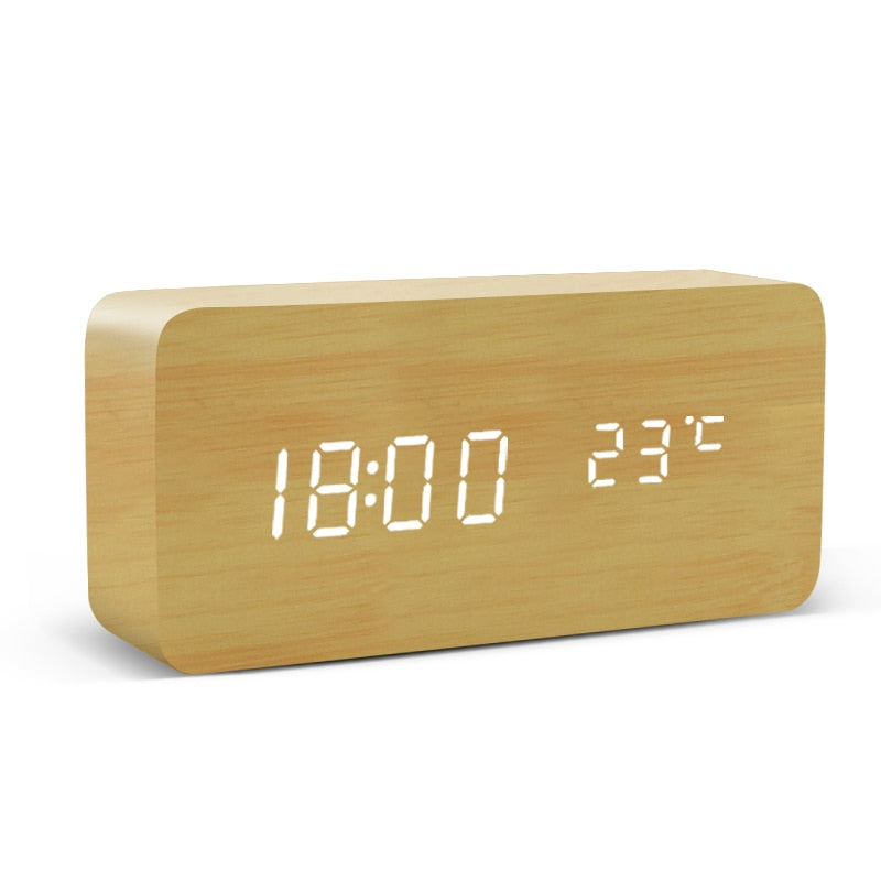 Alarm Clock LED Digital Wooden USB/AAA Powered Table Watch With Temperature Humidity Voice Control Snooze Electronic Desk Clocks