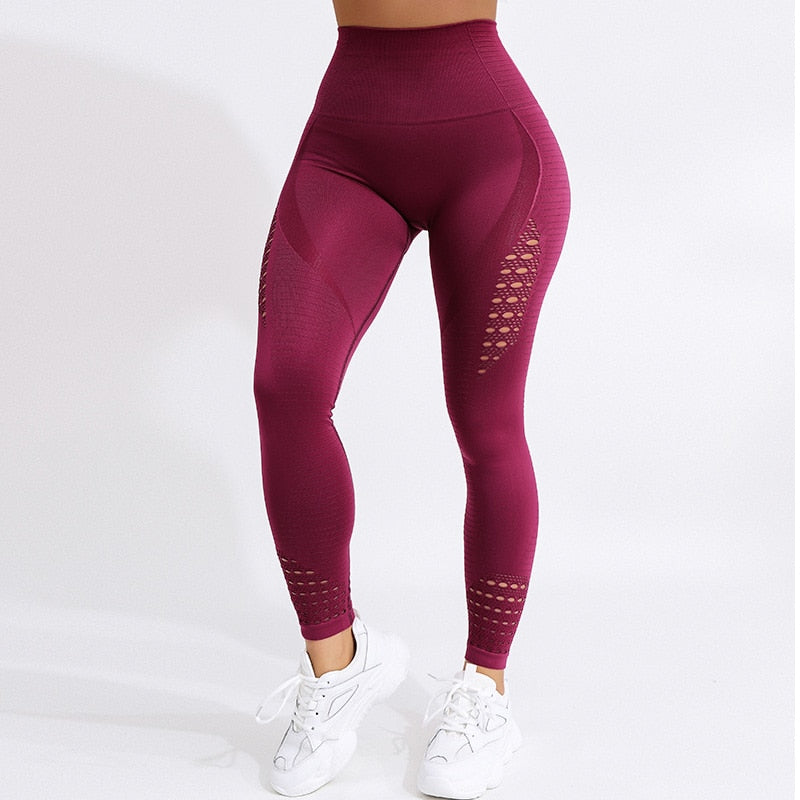 NORMOV Women High Waist Hollow Yoga Leggings Seamless Stretch Sexy Push Up Leggins Fitness Exercise Breathable Workout Leggings