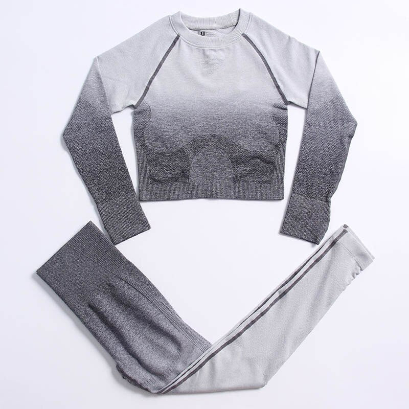 Ombre Seamless Yoga Set Long Sleeve Women Gym Crop Top Sportswear Bra High Waist Leggings Workout Outfit Fitness Yoga Clothing