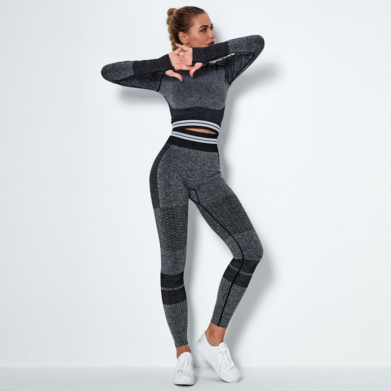 Women Vital Seamless Yoga Set Gym Clothing Fitness Leggings+Cropped Shirts Sport Suit Women Long Sleeve Tracksuit Active Wear