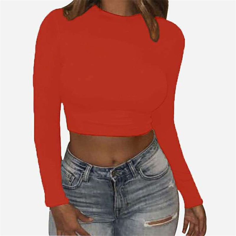 Women Sexy Bodycon T Shirt Autunmn Women Long Sleeve O-neck Crop Top Modis Sheath T Shirt Fashion Autumn Solid Tops