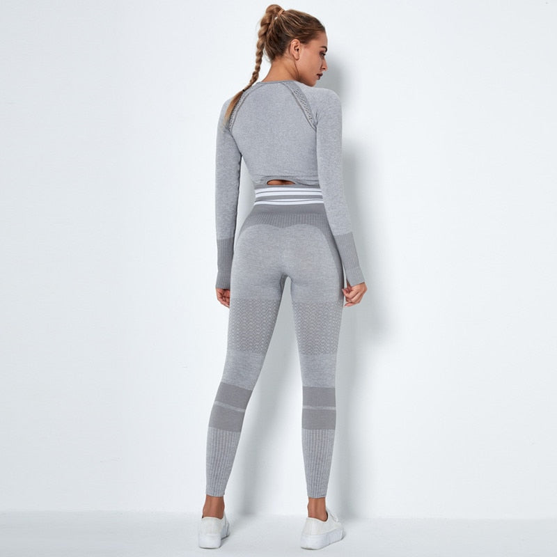 Women Vital Seamless Yoga Set Gym Clothing Fitness Leggings+Cropped Shirts Sport Suit Women Long Sleeve Tracksuit Active Wear