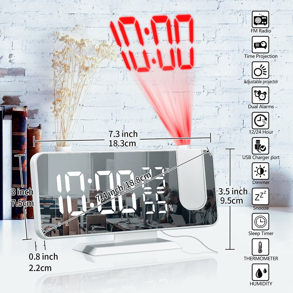 FM Radio LED Digital Smart Alarm Clock Watch Table Electronic Desktop Clocks USB Wake Up Clock with 180° Time Projector Snooze