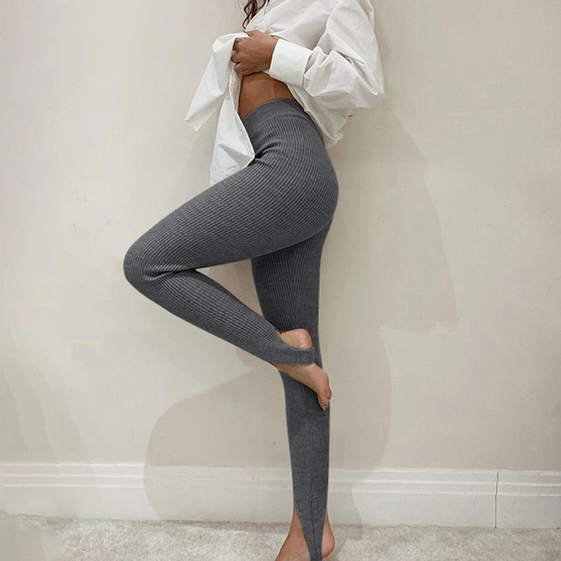 Tossy Beige Ribbed Knit Leggings Women High Waist Cotton Fitness Basic Pants Casual Spring New All-Match Female Skinny Leggings