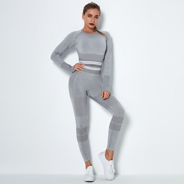 Women Vital Seamless Yoga Set Gym Clothing Fitness Leggings+Cropped Shirts Sport Suit Women Long Sleeve Tracksuit Active Wear