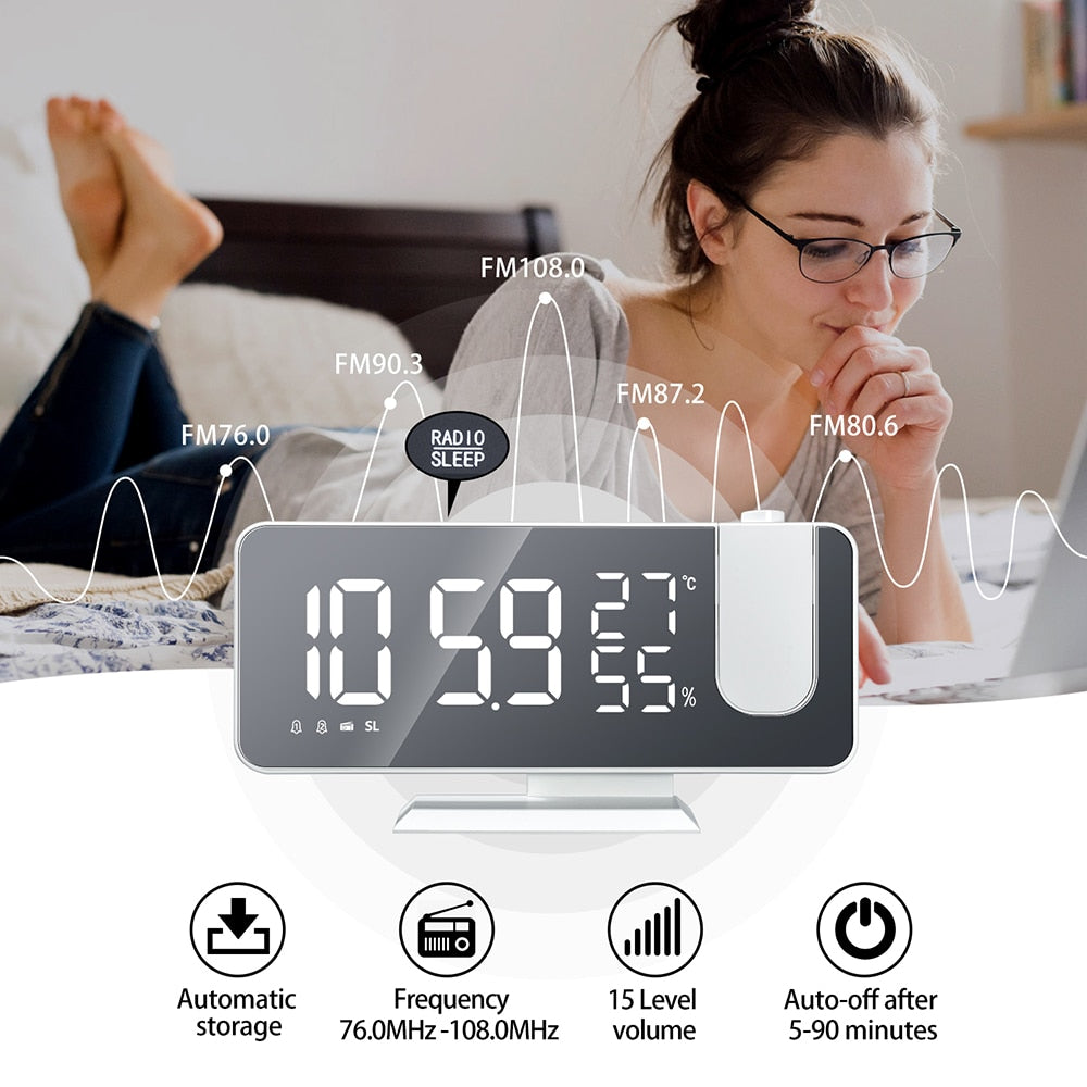 FM Radio LED Digital Smart Alarm Clock Watch Table Electronic Desktop Clocks USB Wake Up Clock with 180° Time Projector Snooze