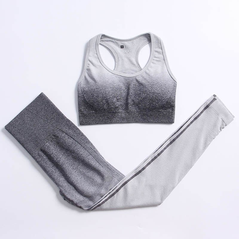 Ombre Seamless Yoga Set Long Sleeve Women Gym Crop Top Sportswear Bra High Waist Leggings Workout Outfit Fitness Yoga Clothing