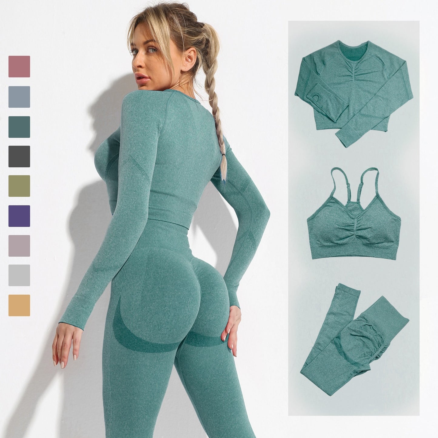 Women Sport Suit Yoga Clothing Set Workout Gym Long Sleeve Fitness Crop Top + High Waist Seamless Energy Workout Leggins