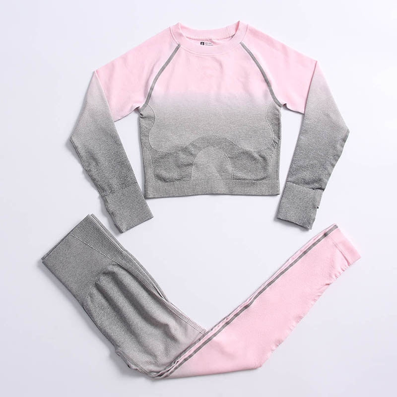 Ombre Seamless Yoga Set Long Sleeve Women Gym Crop Top Sportswear Bra High Waist Leggings Workout Outfit Fitness Yoga Clothing