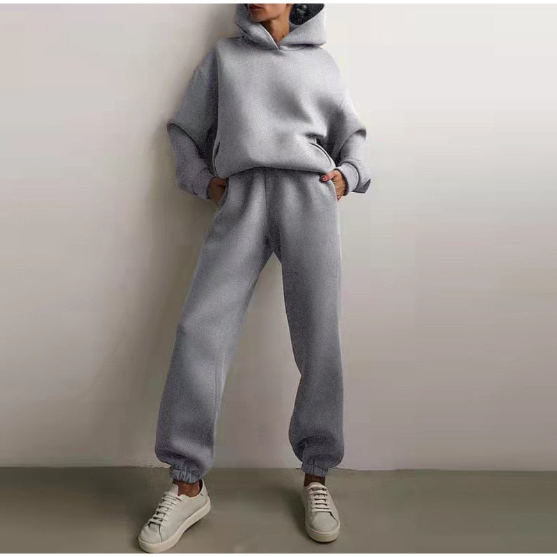 Women&#39;s Tracksuit Casual Solid Long Sleeve Hooded Sport Suits Autumn Warm Hoodie Sweatshirts and Long Pant Fleece Two Piece Sets