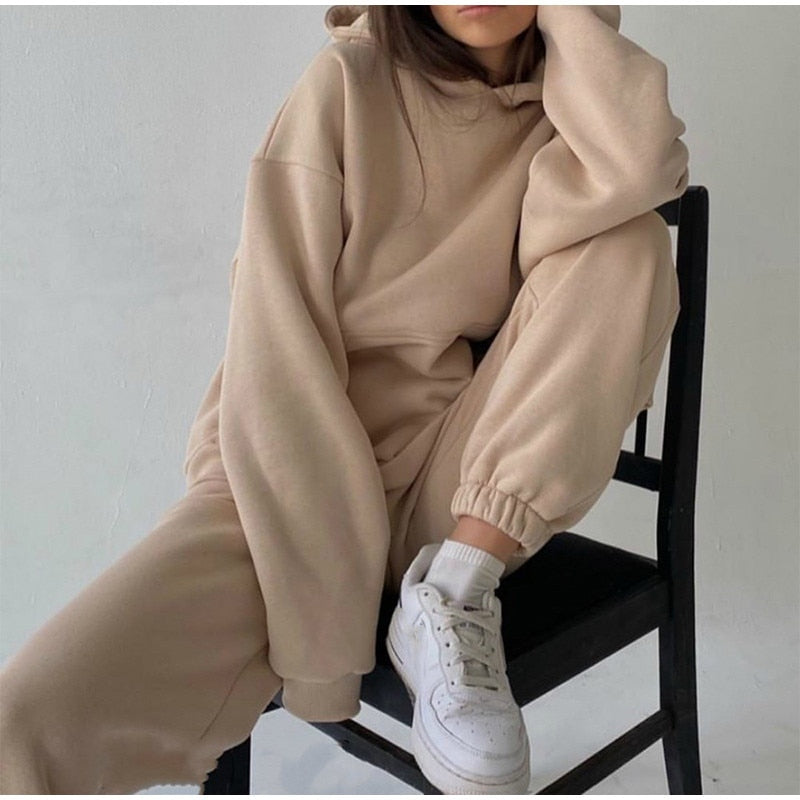 Women&#39;s Tracksuit Casual Solid Long Sleeve Hooded Sport Suits Autumn Warm Hoodie Sweatshirts and Long Pant Fleece Two Piece Sets