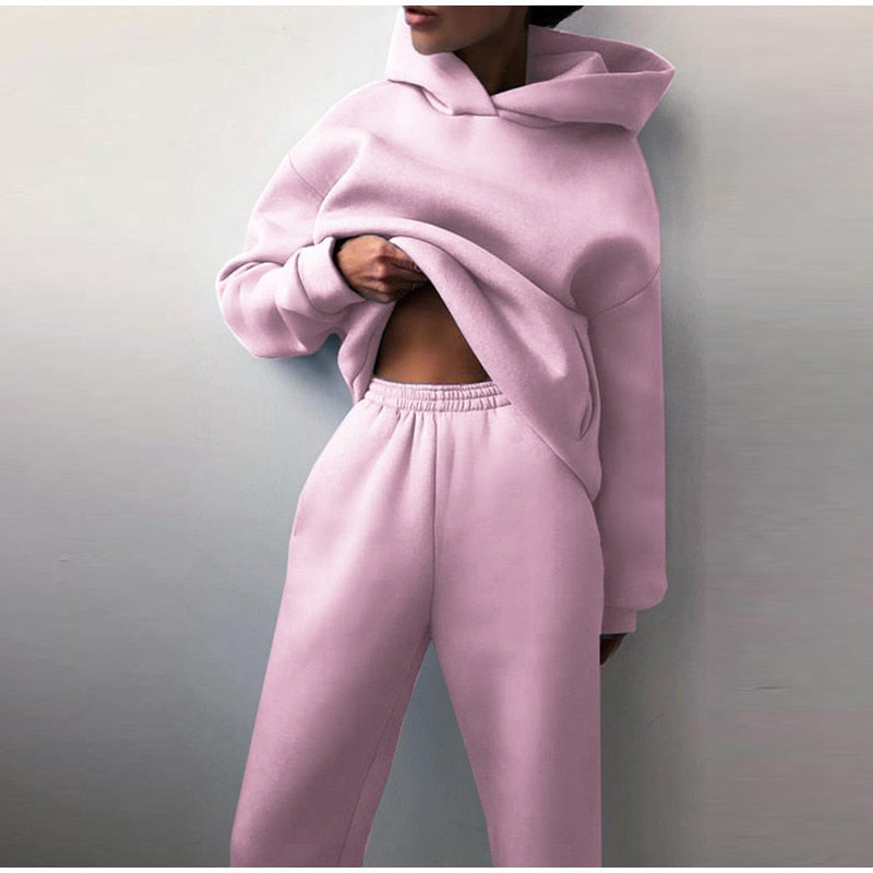 Women&#39;s Tracksuit Casual Solid Long Sleeve Hooded Sport Suits Autumn Warm Hoodie Sweatshirts and Long Pant Fleece Two Piece Sets