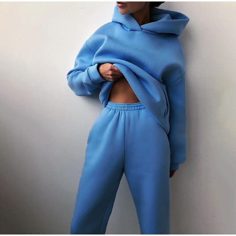 Women&#39;s Tracksuit Casual Solid Long Sleeve Hooded Sport Suits Autumn Warm Hoodie Sweatshirts and Long Pant Fleece Two Piece Sets