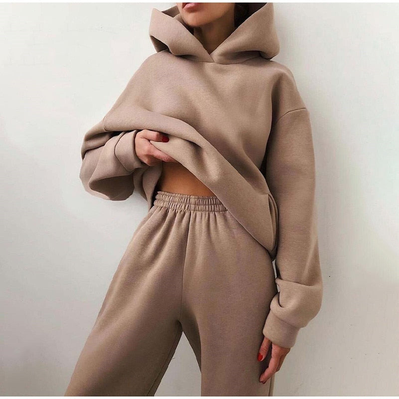 Women&#39;s Tracksuit Casual Solid Long Sleeve Hooded Sport Suits Autumn Warm Hoodie Sweatshirts and Long Pant Fleece Two Piece Sets