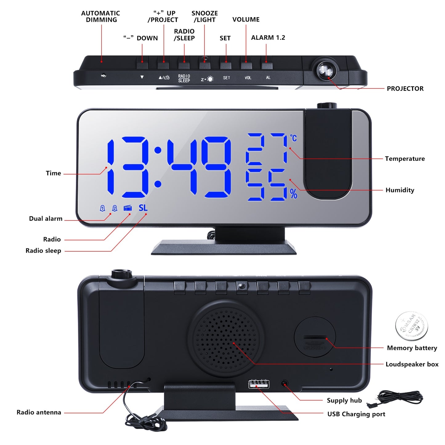 FM Radio LED Digital Smart Alarm Clock Watch Table Electronic Desktop Clocks USB Wake Up Clock with 180° Time Projector Snooze