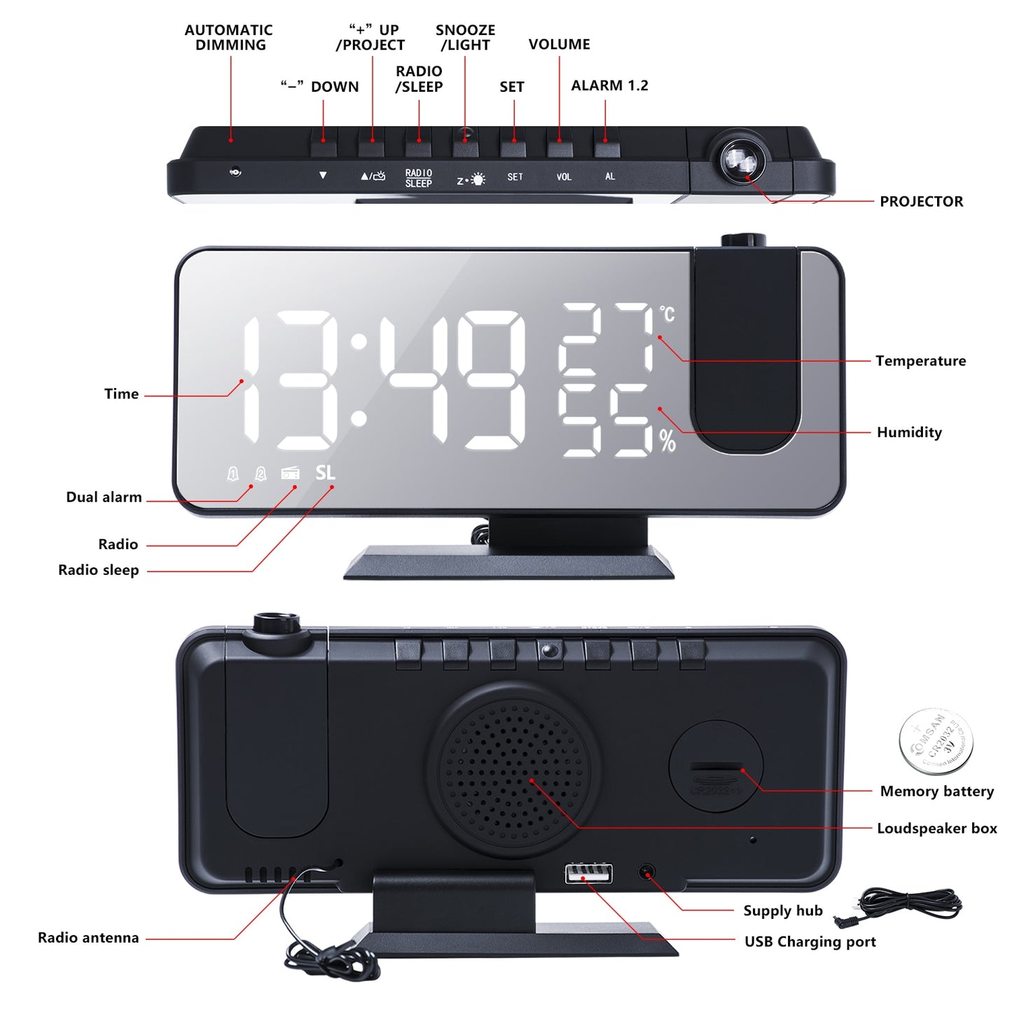 FM Radio LED Digital Smart Alarm Clock Watch Table Electronic Desktop Clocks USB Wake Up Clock with 180° Time Projector Snooze